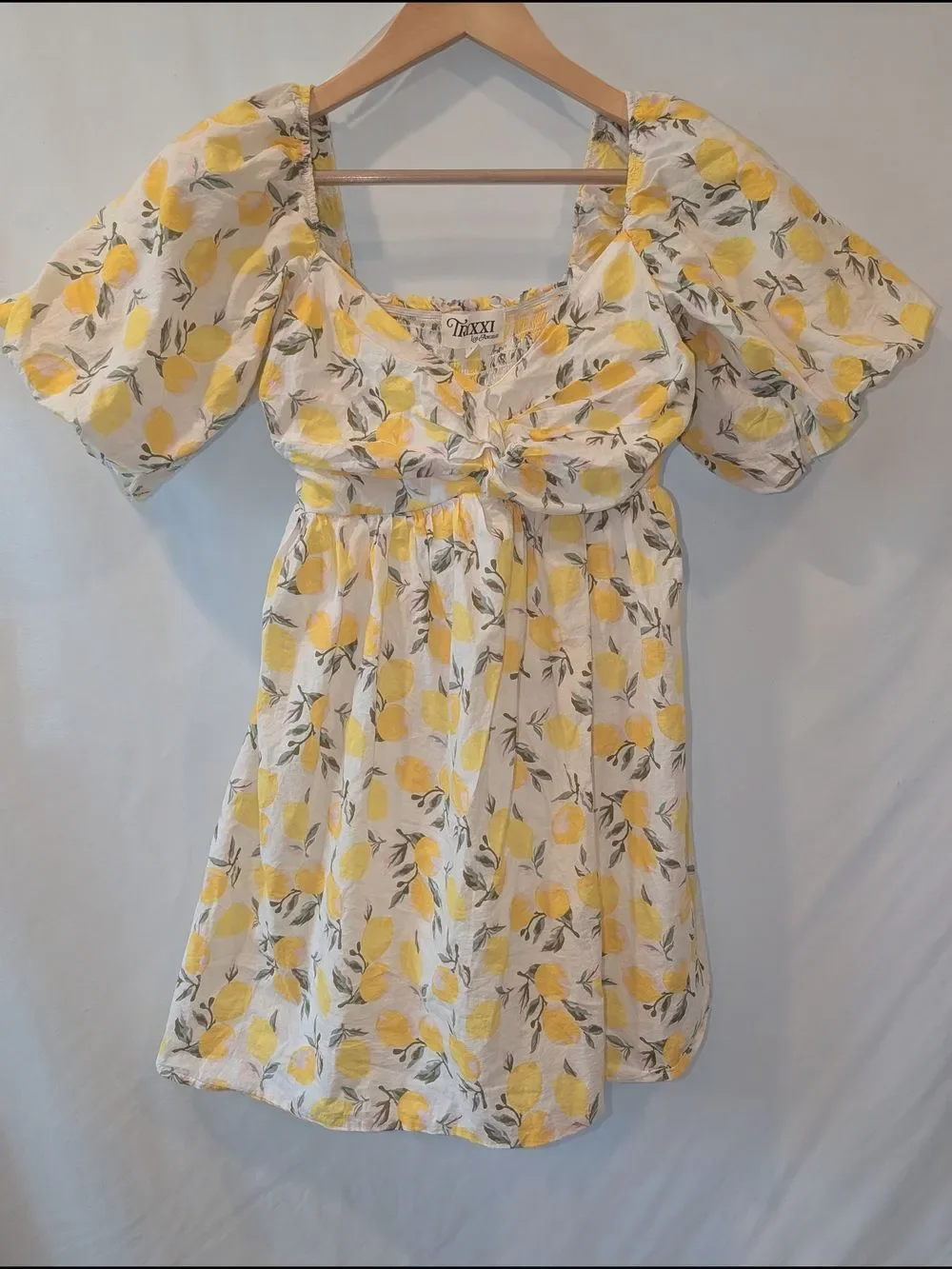Trixxi Lemon Print BabyDoll‎ Dress Puff Sleeves Empire waist ruched Cotton